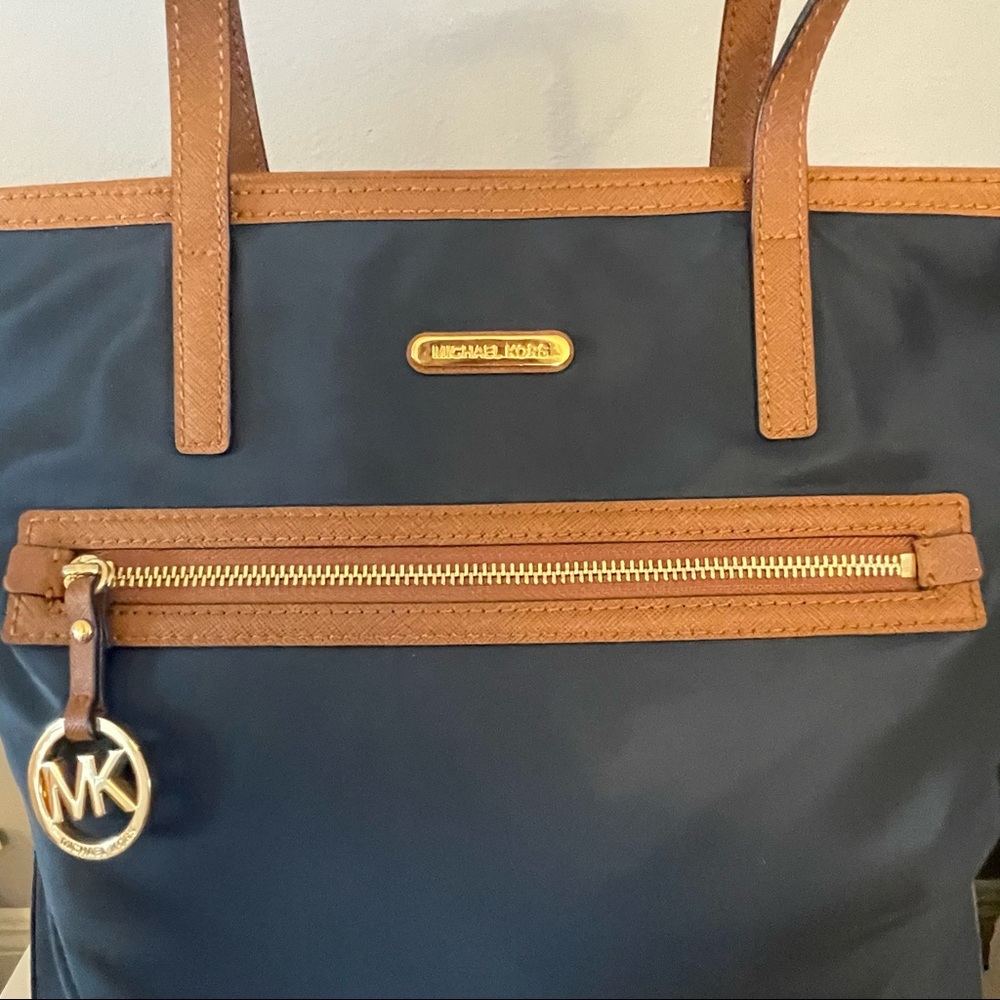 Great condition! MICHAEL KORS Navy Nylon and Brown Leather Kempton Shoulder Tote